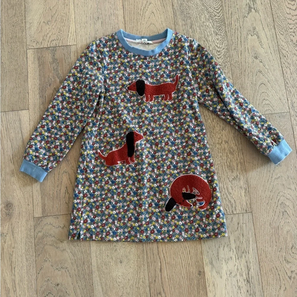 Mini Boden Blue and Pink dachshund brown dog Dress long sleeve flower